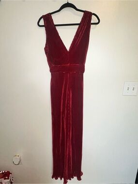 Dee Elly Wine Red Textured V-Neck Evening Jumpsuit